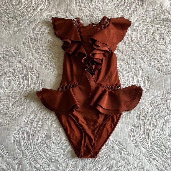 NWT - Zimmermann - Lattice-trimmed Ruffled One Piece Swimsuit - Brick - Picture 4 of 12